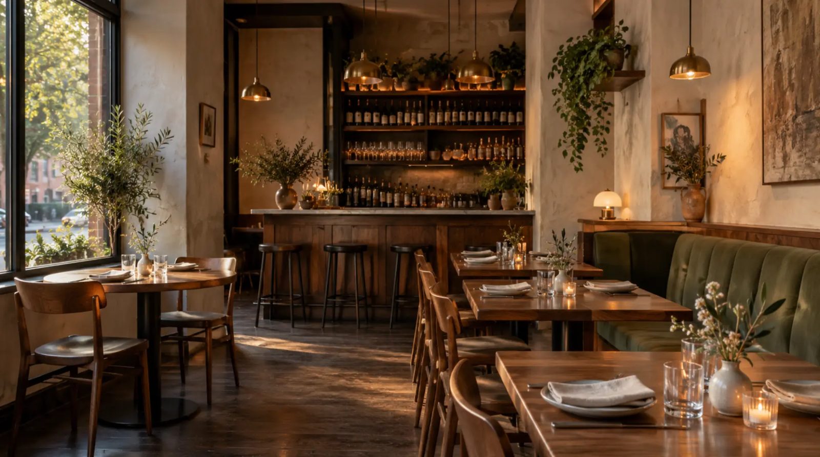 Saffron & Stone dining room with walnut tables and an olive-green banquette